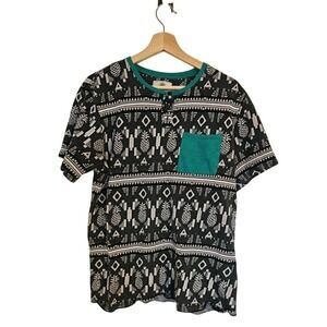 On The Byas T Shirt size Large Black Pineapple print 1/4 button short sleeve